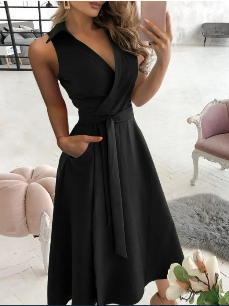 xsrrr Elegant Chic Shirt Dress Summer New Fashion Sleeveless Sexy Dress V-neck Buttock Dress for Women Office Ladies Party Sundress