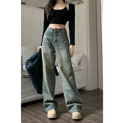 xsrrr Vintage Wide Leg Jeans for Women Streetwear High Waist Loose Straight Denim Pants Female 2024 Spring Wild Casual Trousers