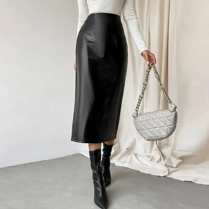 xsrrr Black Leather Skirts Women Fashion High Waist PU Long Skirt Splits Streetwear Autumn Female Elegant Solid Office Casual