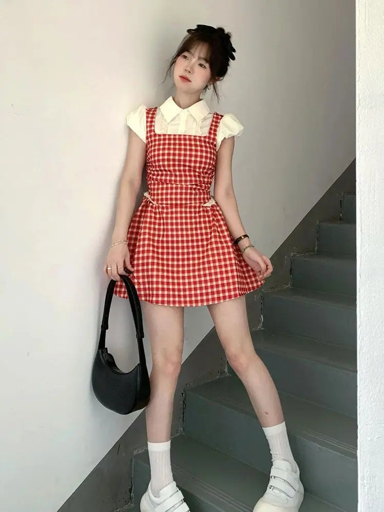 xsrrr Y2k Coquette Kawaii Cute Plaid Shirt Dress Women Preppy Style Sweet Girls Short Party Dresses 2024 Summer Fashion