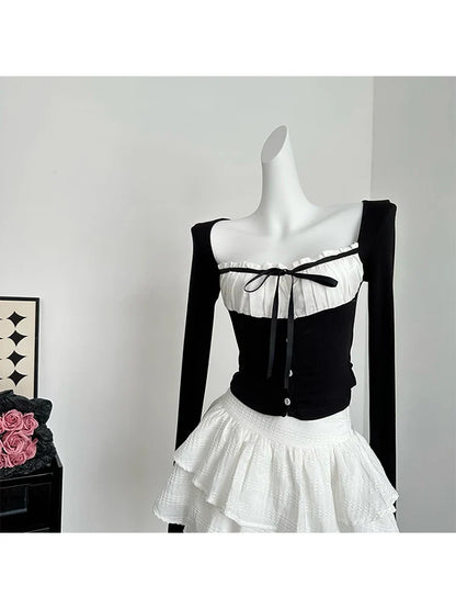 xsrrr Sweet Romantic 2000s Aesthetics Fashion Gyaru Outfits 2 Piece Set Plaid Square Collar Crop Tops Lace Up + White A-Line Skirts