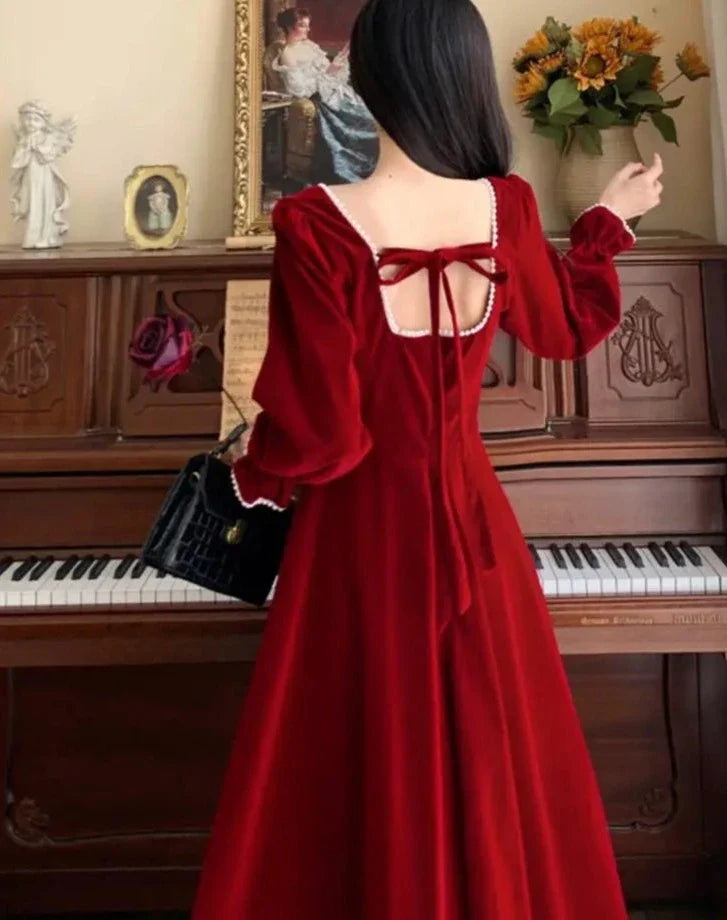 xsrrr DRESS TO IMPRESS Women Vintage A-line Wedding Party Dress Autumn Fashion Elegant Long Sleeve Backless Red Vestidos Female Princess Robe Spring