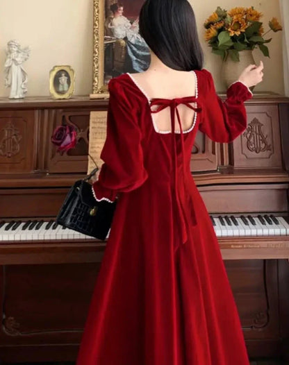 xsrrr DRESS TO IMPRESS Women Vintage A-line Wedding Party Dress Autumn Fashion Elegant Long Sleeve Backless Red Vestidos Female Princess Robe Spring