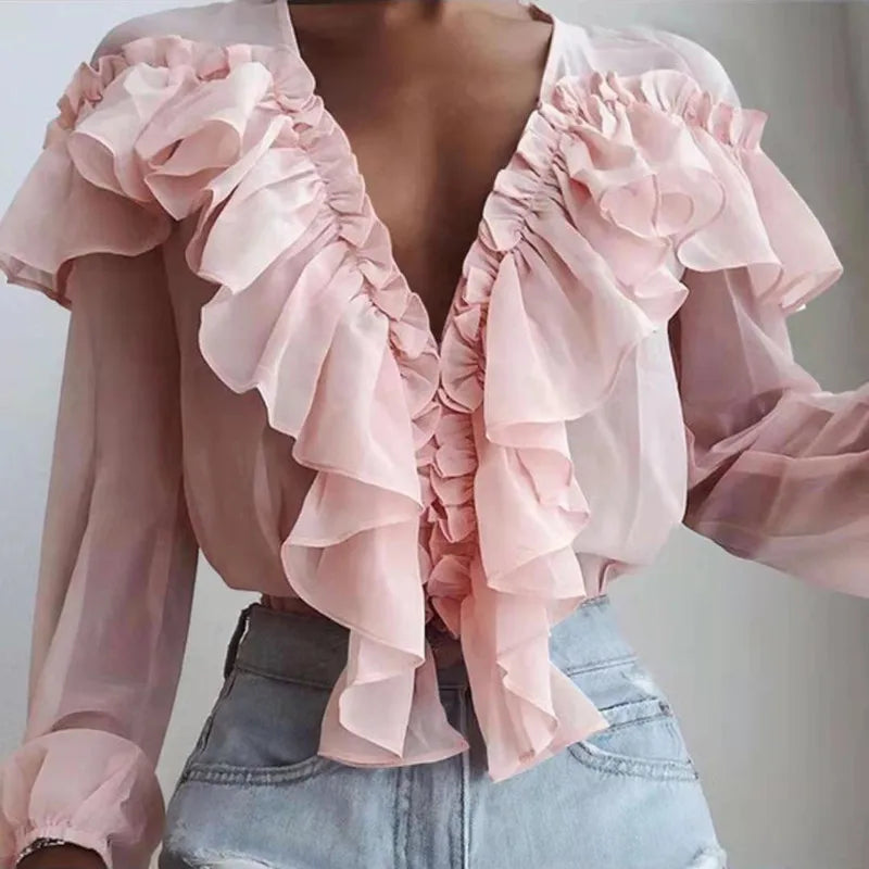 xsrrr Spring Autumn Elegant Ruffles Women Shirts Top Casual V Neck Long Sleeve Loose Female Solid Chiffon Blouses For Women Blusa