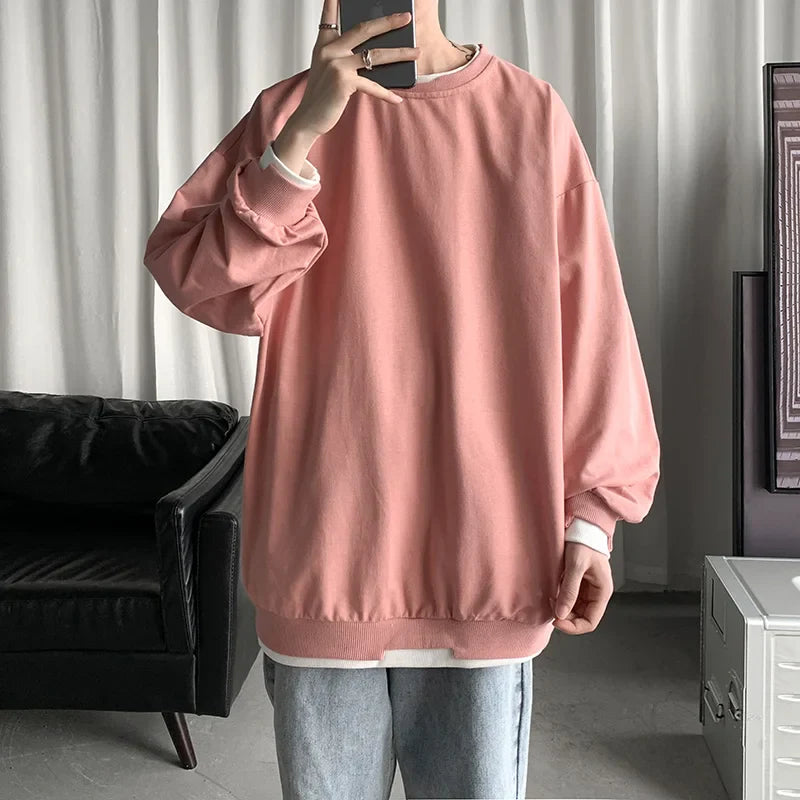 Mens Casual Sweatshirts Hoodie Men Fake Two Pieces Oversized Japanese Streetwear Sweatshirts Man Harajuku O-Neck Hoodie