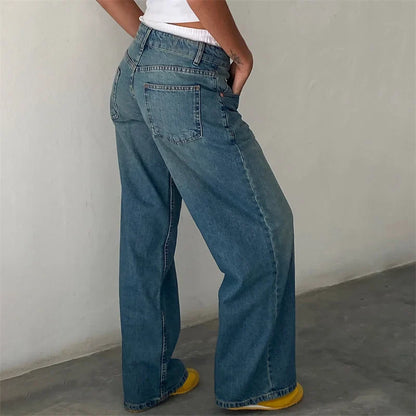 xsrrr y2k Jeans Women Clothes Fashion Solid Color Low Waist Waist Wide Leg Denim Pants Trousers with Pockets 2000s Streetwear