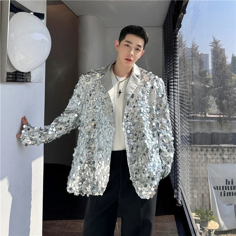 Men's Sequins Blazer Glitters Bling Suit Jacket Singer Stage Shiny Clothing Black Silver Oversize Party Suit Coat Man