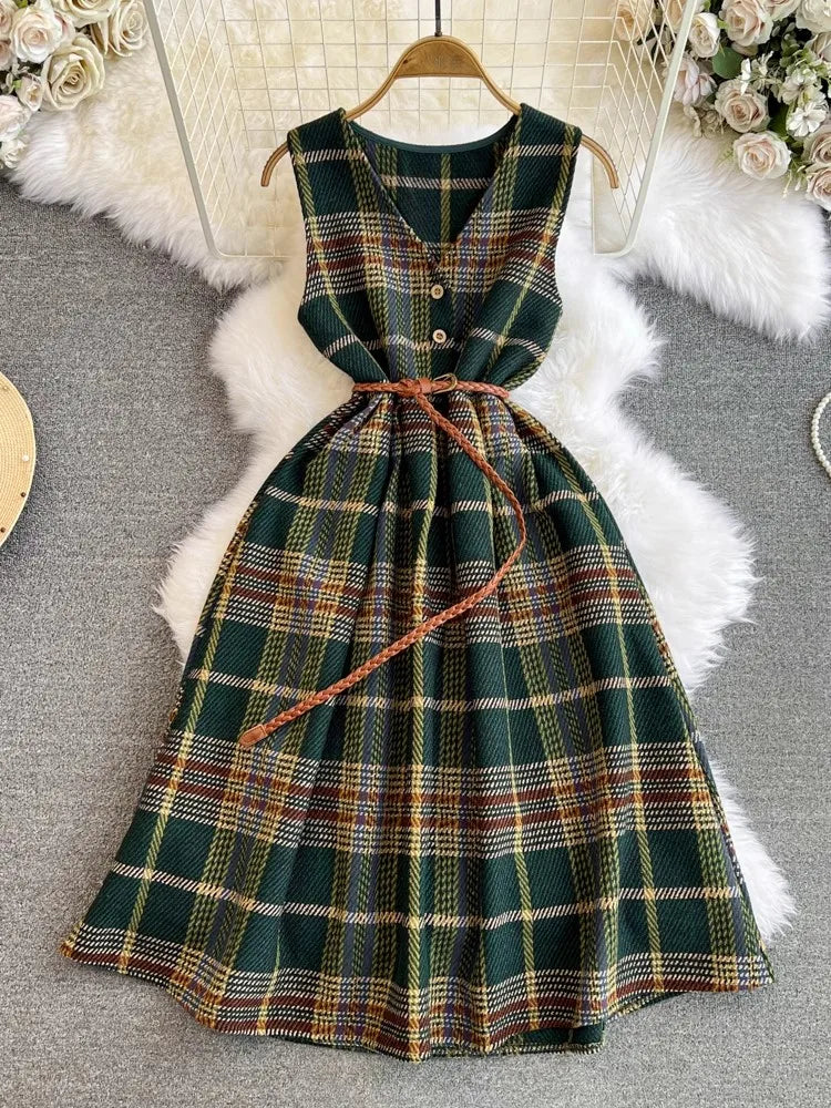 xsrrr Autumn Winter Plaid Woolen Dress Women Vintage V Neck Sleeveless Long Dress With Belt Streetwear Sundress