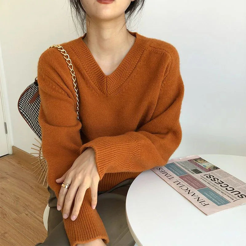 xsrrr New Autumn and Winter Fashion Lazy Style Retro Japanese V-neck Loose Versatile Slim and Fashionable Long Sleeve Women's Sweater