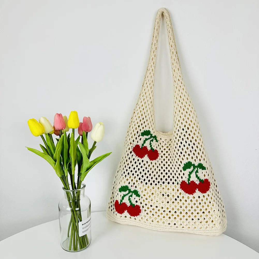 xsrrr Cute Strawberry Cherry Crochet Shoulder Bag for Women Large Shopper Bag Casual Tote Handbags Summer Beach 2024 New Women's Bag