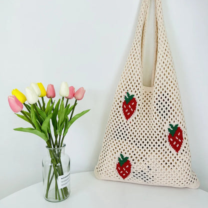 xsrrr Cute Strawberry Cherry Crochet Shoulder Bag for Women Large Shopper Bag Casual Tote Handbags Summer Beach 2024 New Women's Bag