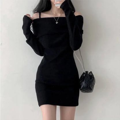 xsrrr Off Shoulder Suspender Lapel Knit Dress Women Korean Sexy Slim Bottomed Mini Dresses Autumn Winter Solid Suspender Sweater Dress