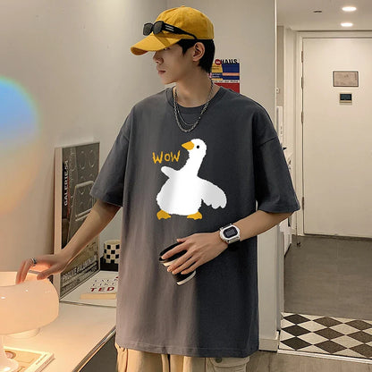 Summer Men's Cotton T-Shirt Funny Goose Print Cartoon Short Sleeve Tops O-Neck Tees Y2k 2024 Anime Casual Oversized T Shirts Men