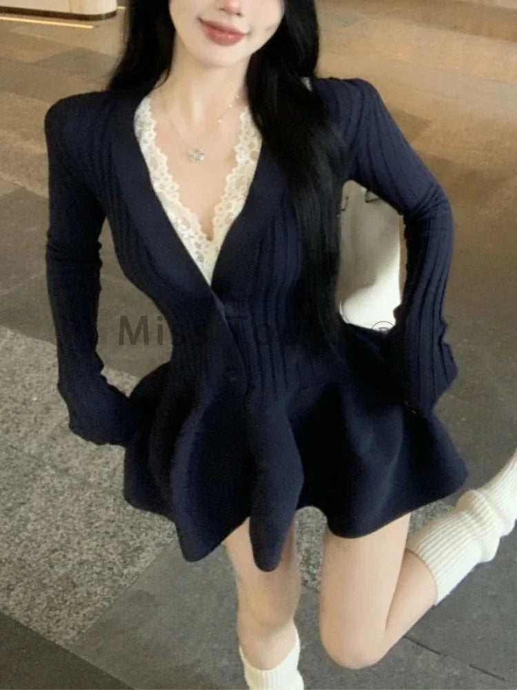 xsrrr DRESS TO IMPRESS Winter Korean Fashion V Neck Knit Dress Women Designer Sweet Slim Sweater Dresses Female Retro Solid Y2k Knitted Dress New