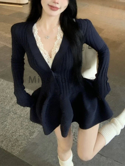 xsrrr DRESS TO IMPRESS Winter Korean Fashion V Neck Knit Dress Women Designer Sweet Slim Sweater Dresses Female Retro Solid Y2k Knitted Dress New