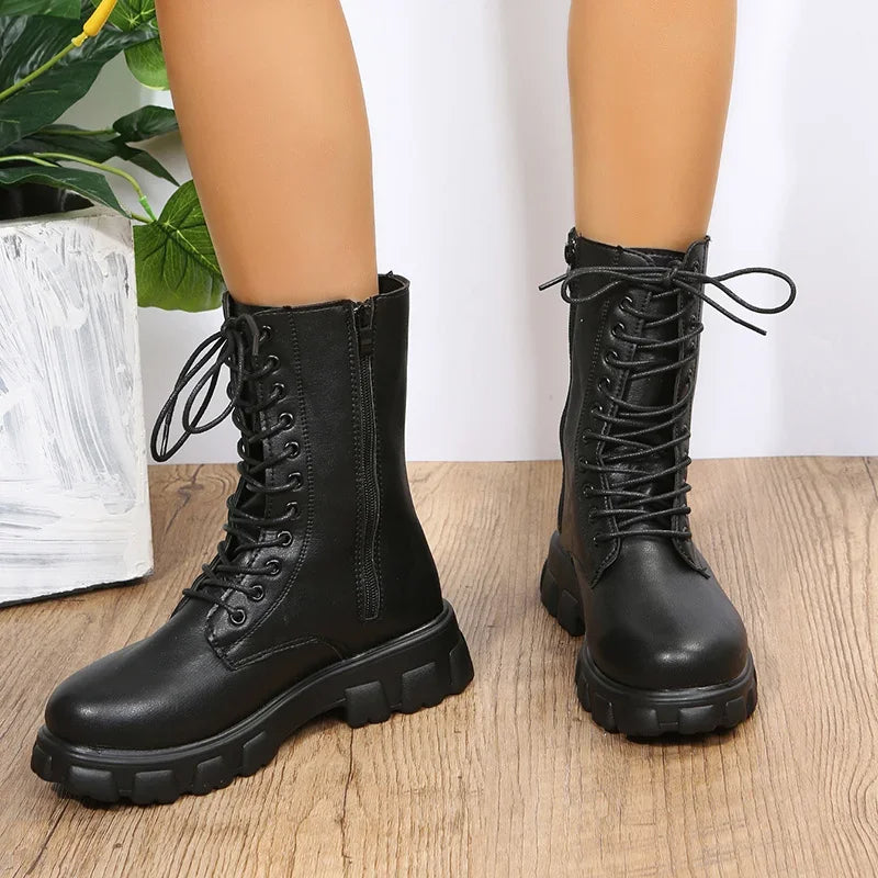 Hnewly Boots Women Autumn Winter PU Leather White Ankle Boots Motorcycle Botines Female Chunky Heels Platform Boots Botas Mujer