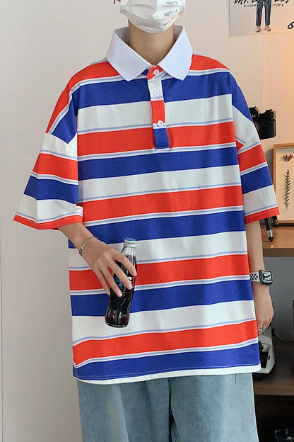 Striped Contrast Print POLO Shirts Fashion Summer Men's Clothes Classic Lapel Cotton Top Oversize Loose Short Sleeve Polo T-Shirt