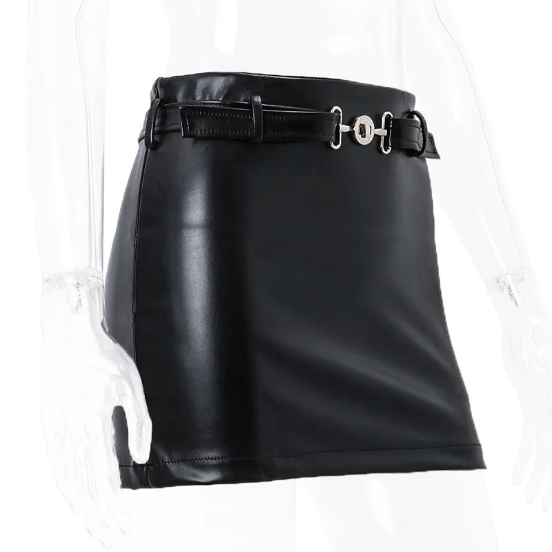 xsrrr Sexy PU Leather Mini Skirt Women Summer High Waist Slim A-line Skirt Female Y2K Vintage All-match Casual Black