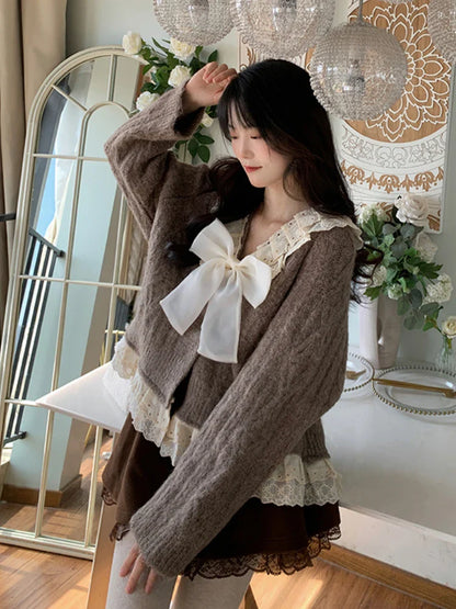 xsrrr BACK TO SCHOOL OUTFIT Kawaii Ruffles Knitted Cardigan Women Winter Bow Japanese Lace Warm Sweet Sweater Female Single-breasted Korean Casual Tops