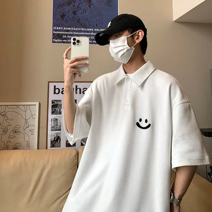 Smiley POLO Shirt Oversize Loose Casual All-match Tops Fashion Short-sleeved T-shirt Summer Sports Lapel Men's Clothes Thin