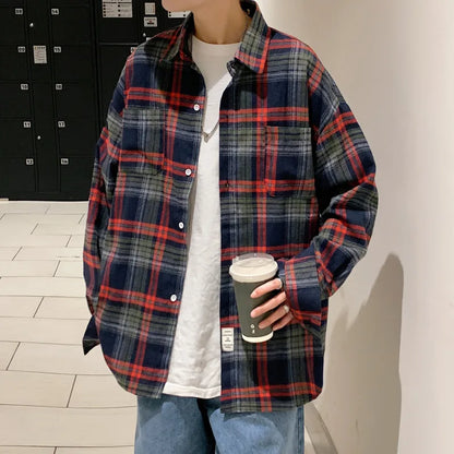 Autumn Long Sleeved Shirt Men Fashion Oversized Plaid Shirt Men Streetwear Korean Loose Casual Shirts Mens Large Size M-5XL