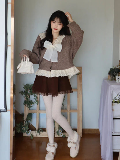 xsrrr BACK TO SCHOOL OUTFIT Kawaii Ruffles Knitted Cardigan Women Winter Bow Japanese Lace Warm Sweet Sweater Female Single-breasted Korean Casual Tops