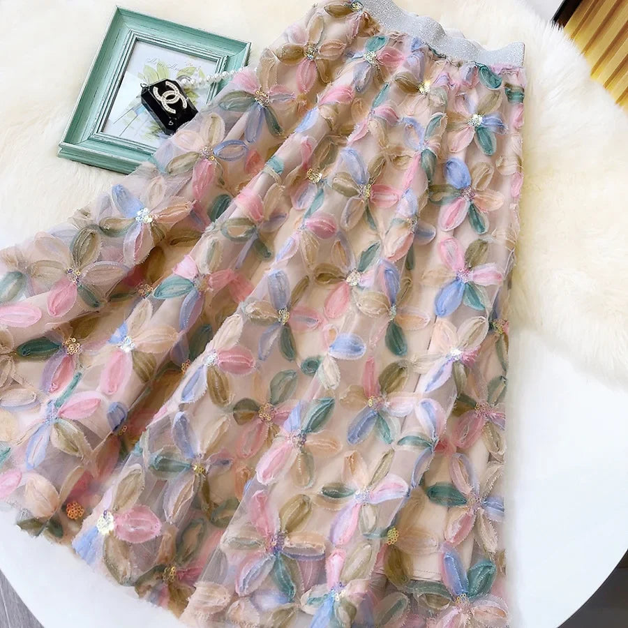 xsrrr Vintage Beading 3D Floral Tulle Long Skirt Women Summer Elegant Elastic High Waist A Lien Pleated Skirts Female Faldas Aesthetic