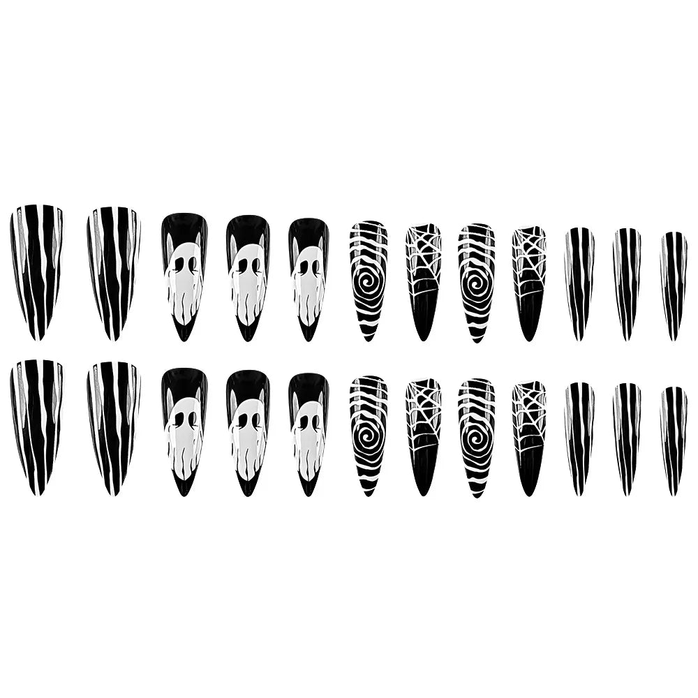 xsrrr Halloween Nails 24pcs Black Cool False Nails with Ghost Spider Web Pattern Decor Almond Fake Nail Tips Wearable Halloween Party Press on Nails