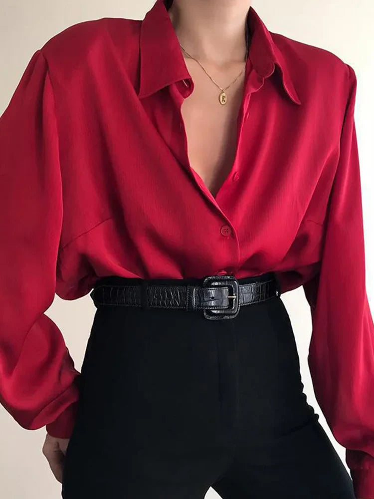 xsrrr Women Button Blouses Turn Down Collar Shirts Office Lady Long Sleeve Casual Blouse Loose OL Shirt Baggy Tops Red/Wine Red /Black