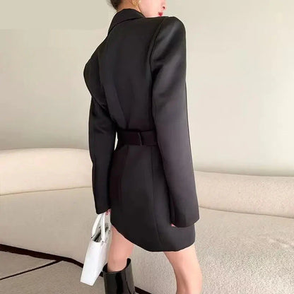 xsrrr Spring and Autumn High end Waist Slimming Suit Coat Women Top Casual British Mid length Outwear Black Blazers Women Clothing