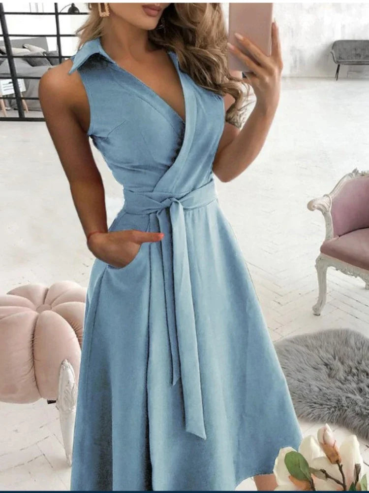 xsrrr Elegant Chic Shirt Dress Summer New Fashion Sleeveless Sexy Dress V-neck Buttock Dress for Women Office Ladies Party Sundress