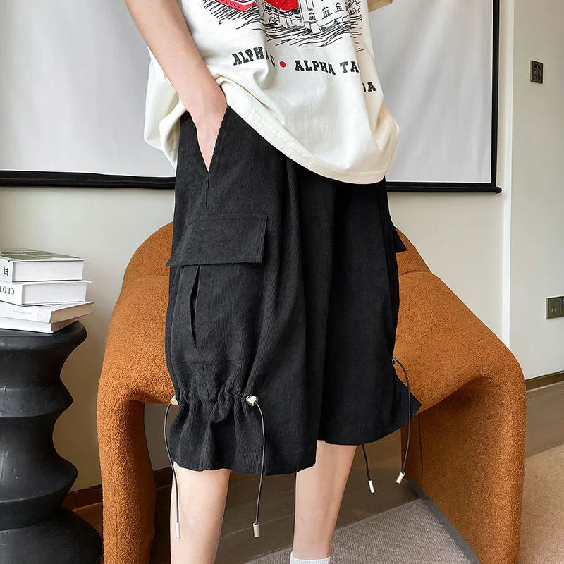 Solid Loose Shorts Summer Straight Wide Leg Casual Pants Oversize Simple Fashion Pocket Drawstring Five Points Pleated Pants Men