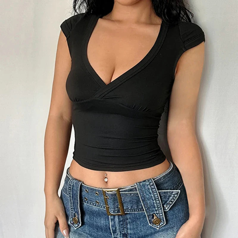 xsrrr Sexy Deep V Neck Crop Top Women Basic Solid Tee Shirts 2024 Summer New Fashion T-shirts Vintage Clubwear Ladies Clothing