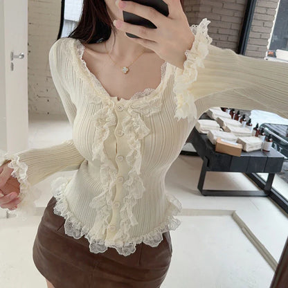 xsrrr Korean Sweet Cute Knit Crop Tops Autumn Spring Long Sleeve T-shirt y2k Fairycore 00s Retro Lace Trim O Neck Button Closure Tops