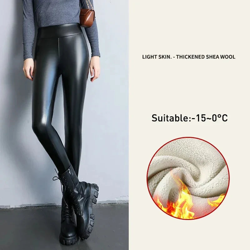 xsrrr Autumn Winter Black Fleece Matte Leather PU Leggings Women's High Waist Elasticity Lift Buttock Trousers Skinny Legging Pants