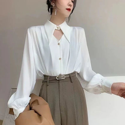 xsrrr 2024 Chic Trend lantern Long Sleeve Shirt Summer New French Hollow Satin Office Lady's V-Neck Elegant Blouses Solid Vintage Top