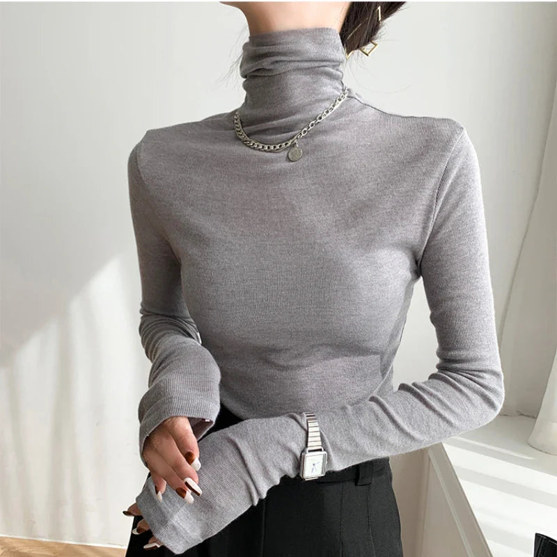 xsrrr Turtleneck Long Sleeve Women T-shirts Autumn Winter Basic Base Shirt Woman Casual Slim Tee Shirts Female Tops