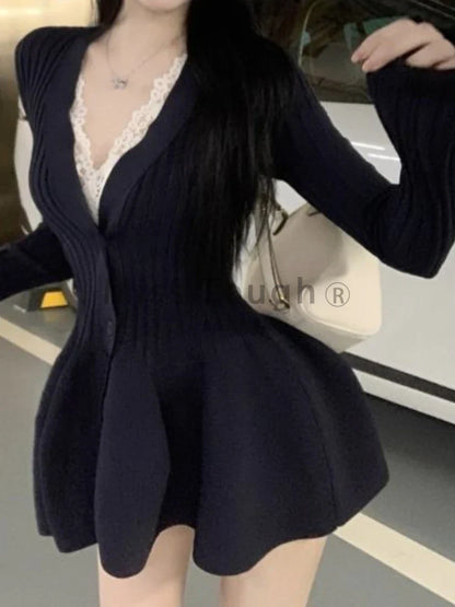 xsrrr DRESS TO IMPRESS Winter Korean Fashion V Neck Knit Dress Women Designer Sweet Slim Sweater Dresses Female Retro Solid Y2k Knitted Dress New