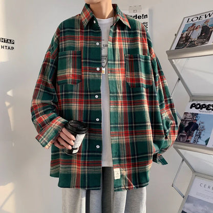 Autumn Long Sleeved Shirt Men Fashion Oversized Plaid Shirt Men Streetwear Korean Loose Casual Shirts Mens Large Size M-5XL