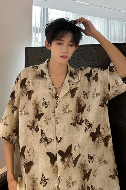 Summer Butterfly Printed Tie-dye Shirt Men Windsor Collar Loose Casual Short Sleeve Shirts Oversize Streetwear Boy Girl Blouses