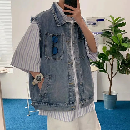 Denim Sleeveless Jacket Men Fashion Oversized Harajuku Denim Jeans Casual Jeans Waistcoat Cowboy Hip Hop Streetwear Clothing