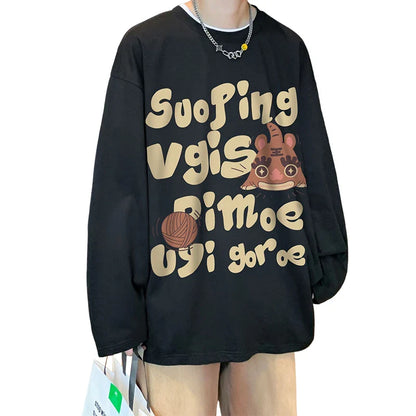 Letter Printing O-Neck Sweatshirt Men's Autumn Retro Cartoon Graphic Tops Oversize Couple's Fit Harajuku Y2k Sweatshirt Up To5XL