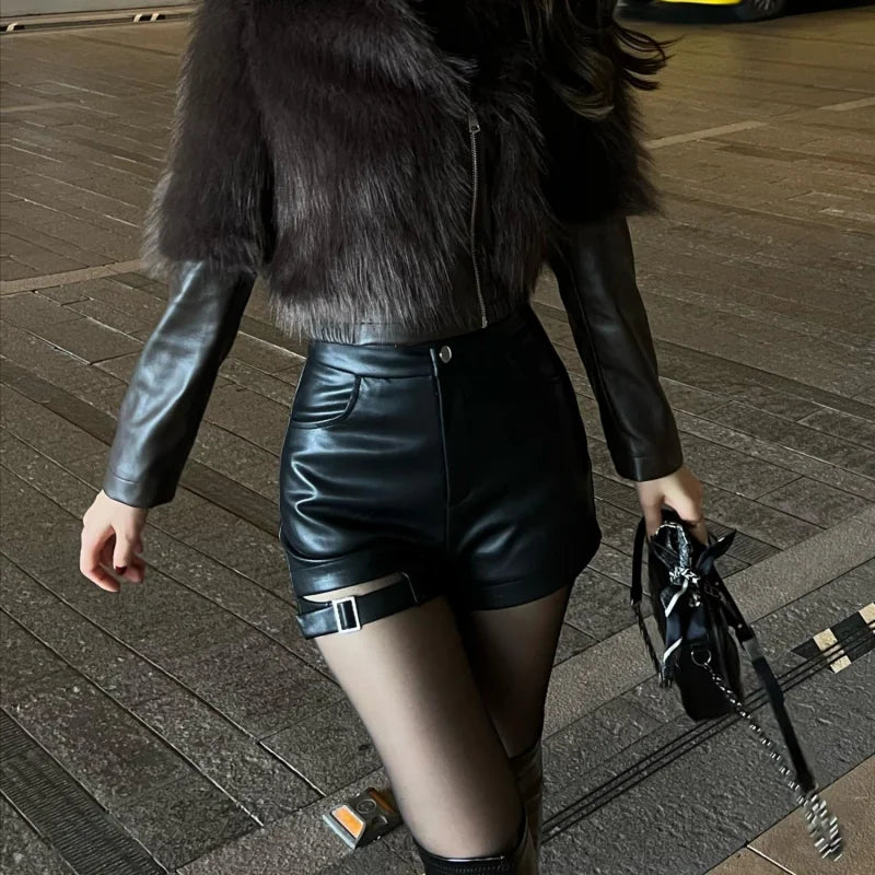 xsrrr Sexy Black Pu Leather Shorts Women's Autumn and Winter Tight Gothic High Waist Shorts Street Fashion Y2K Hot Girl Outfit