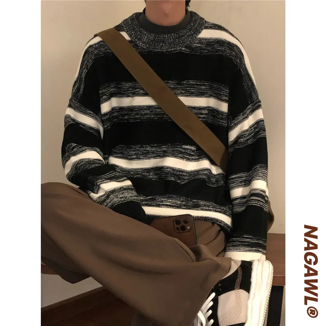 Vintage Striped Men's Knitted Sweater Pullovers Black Distressed Sweaters Male Oversize Japanese Streetwear Hip Hop