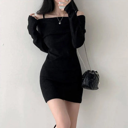 xsrrr FALL OUTFITS Y2K Women Knitted Mini Dress Korean Sexy Off Shoulder Female Dress Spring New Spaghetti Strap Long Sleeve Ladies Vestidos