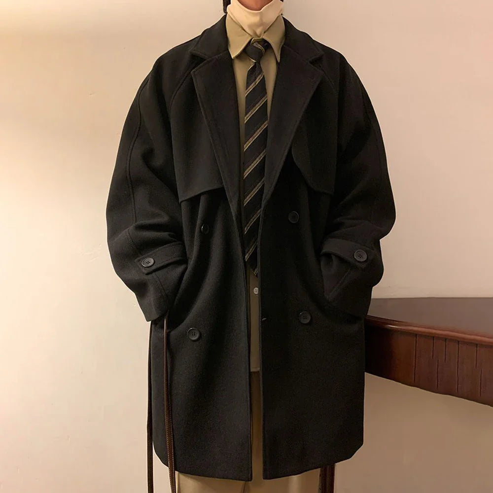 Mens Gray German Woolen Coat Autumn Winter Mid-Length Thickened High-End Retro Elegant Handsome Comfortable Coat Oversize