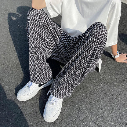 Summer Ice Silk Pants Men Oversized Retro Plaid Pants Men Japanese Streetwear Loose Wide Leg Pants Mens Pleated Trousers M-5XL