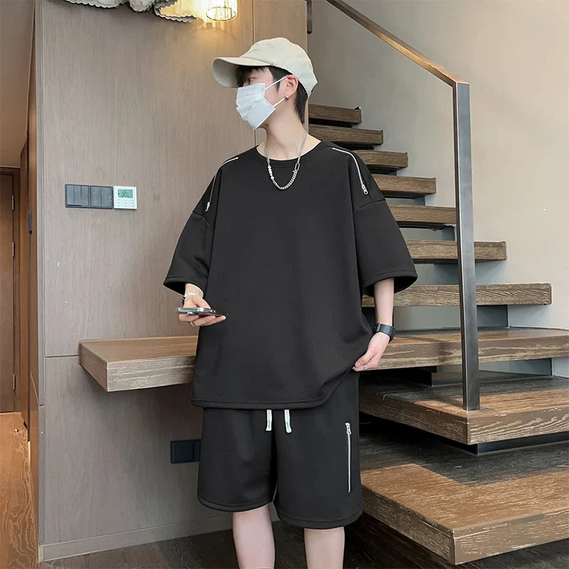 Oversized Tracksuit Men New Korean High Street Fashion Zipper Design T-shirt Shorts Two Pieces Sets Mens Streetwear Men Clothes