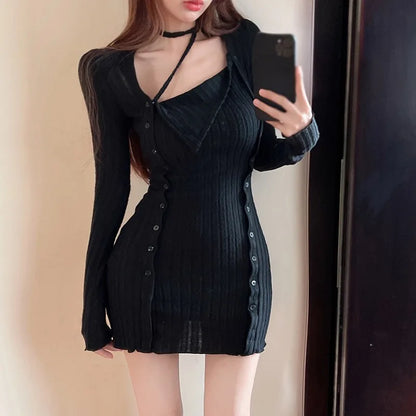 xsrrr FALL OUTFITS Women Long Sleeve Tight Dress Split Short Slim Fit Dress Lady Autumn Hanging Neck Dress Sexy Party Halter Elastic Bodycon Dress