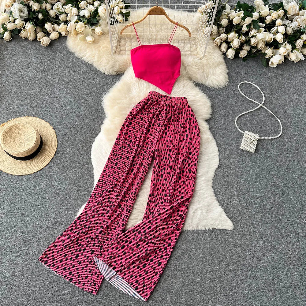 xsrrr Summer Spaghetti Strap Crop Tops and Pantsuit Women Elegant Floral Casual Chic Beach Holiday Outfits Female Sexy 2 Pieces Set